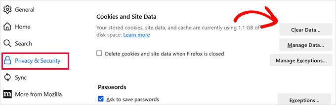 Clear data in Firefox