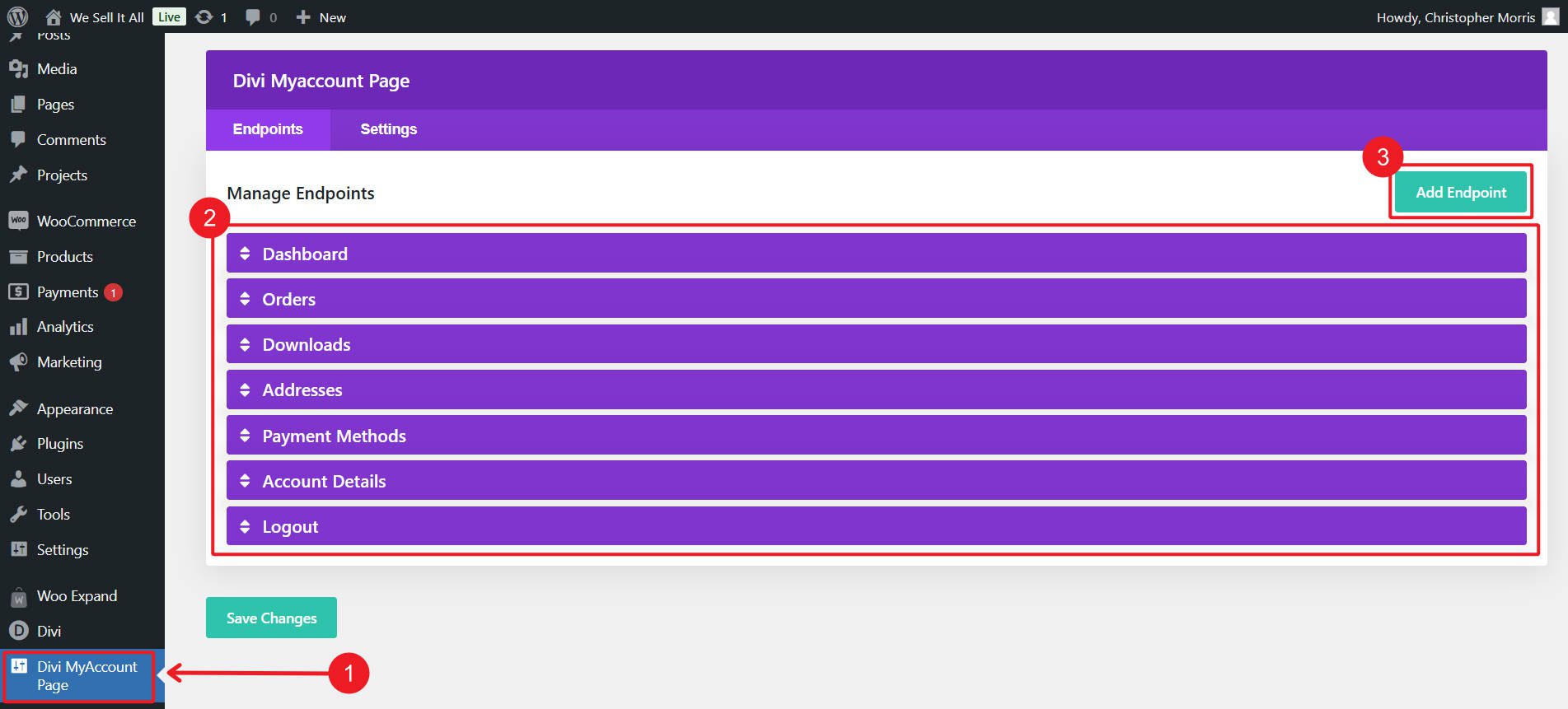 Divi MyAccount Page Settings Endpoints