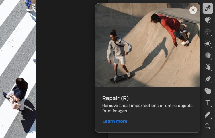 Pixelmator Pro interface showing the repair tool for removing objects