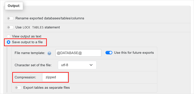 Saving the database export as a file in phpMyAdmin