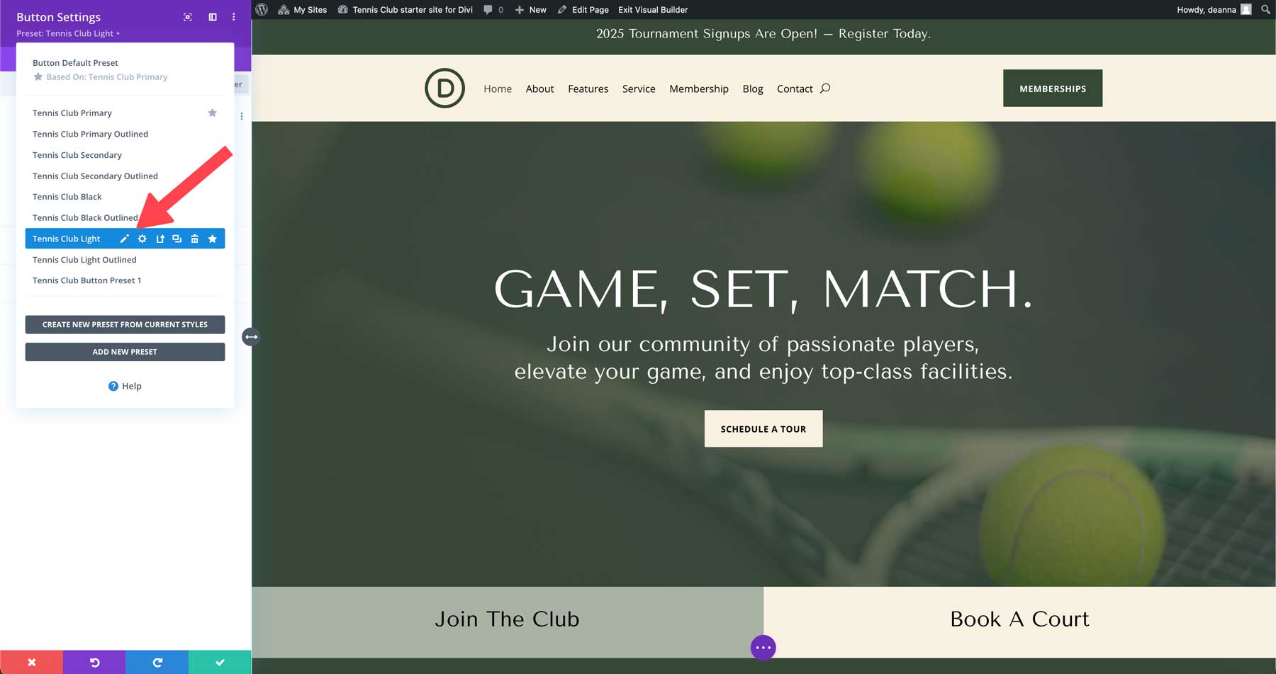 tennis club starter site for Divi