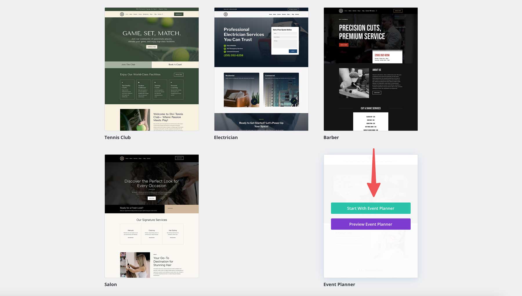 Event Planner starter site for Divi