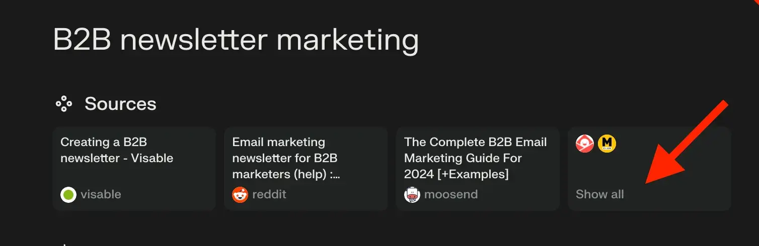 screencap of perplexity serp for “b2b newsletter marketing,” with a red arrow pointing to the “show all” button for sources.