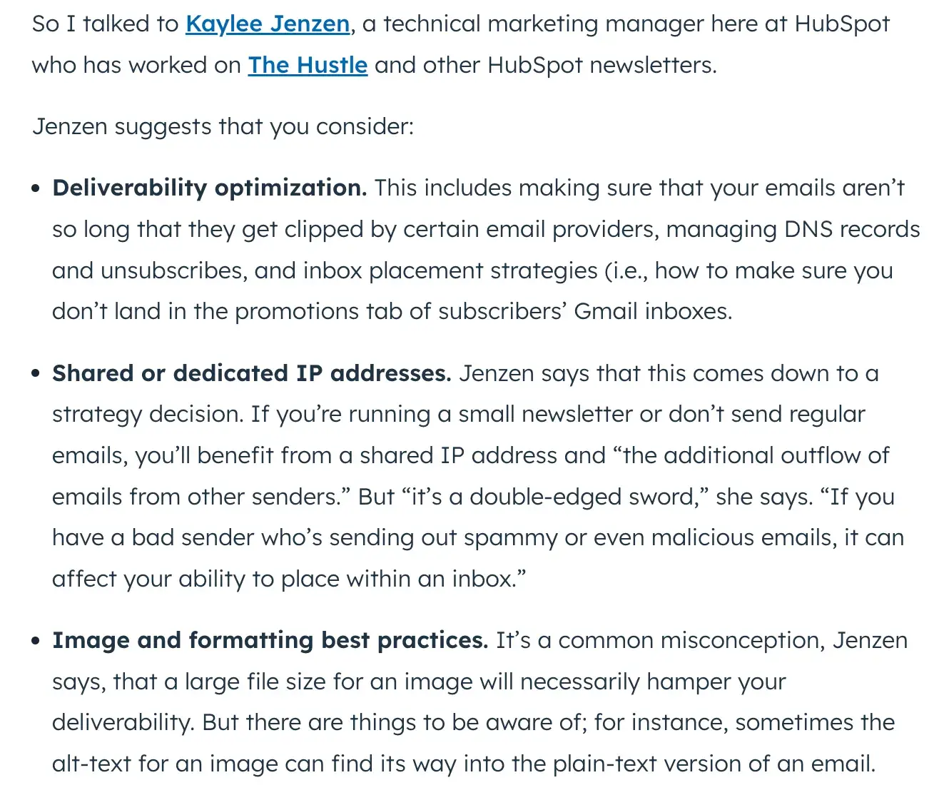 screencap of technical considerations for b2b newsletters, from a hubspot blog post entitled, “b2b newsletter marketing: how it differs from email promotions & what brands can learn from independent producers.”