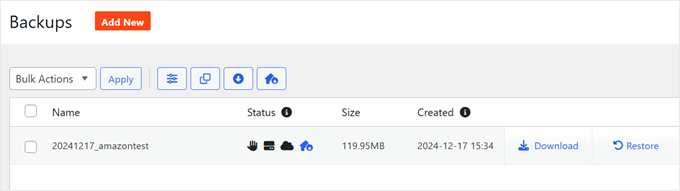 The Duplicator backup dashboard