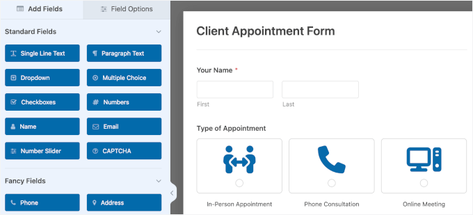 Appointment form in the WPForms editor