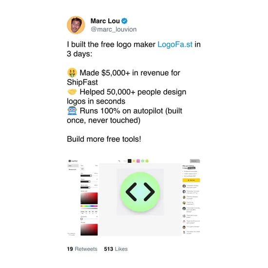 free tools marketing example, tweet announcing free logo maker by marc lou