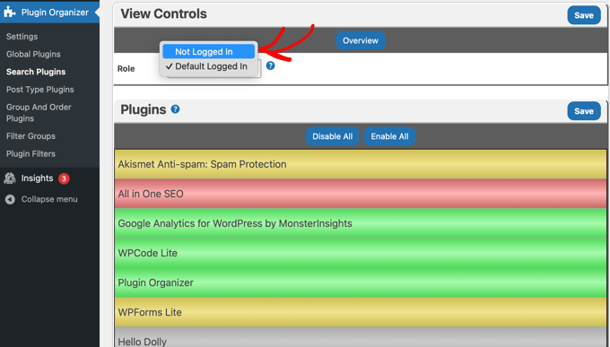 Impostazione dei controlli dell'organizzatore del plugin su Non connesso