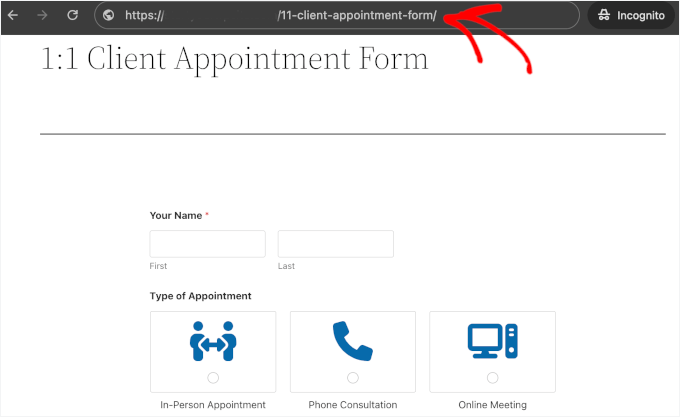 Appointment booking form's URL