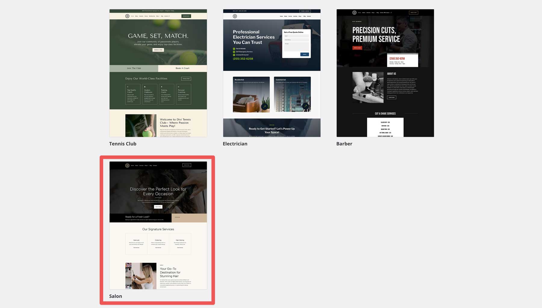salon starter site for Divi