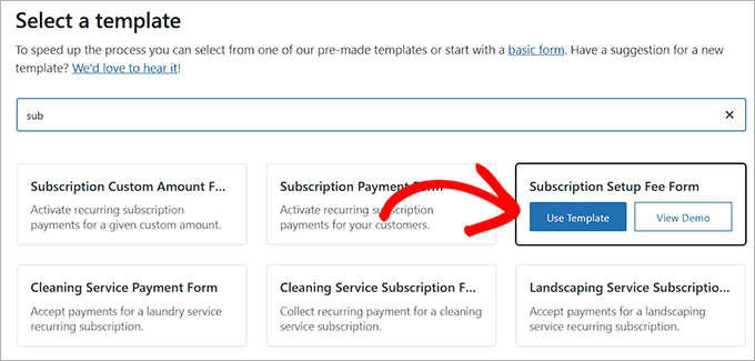 Select Subscription Setup Fee Form template