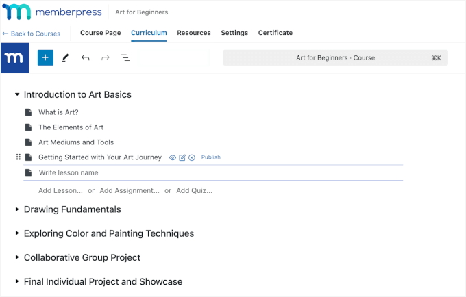 Creating sections in Curriculum