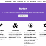 The Redux homepage, featuring a purple header section containing the Redux logo and title, along with a tagline and a Get Started button. Below this are four key feature sections with icons. Each section includes descriptive text explaining Redux