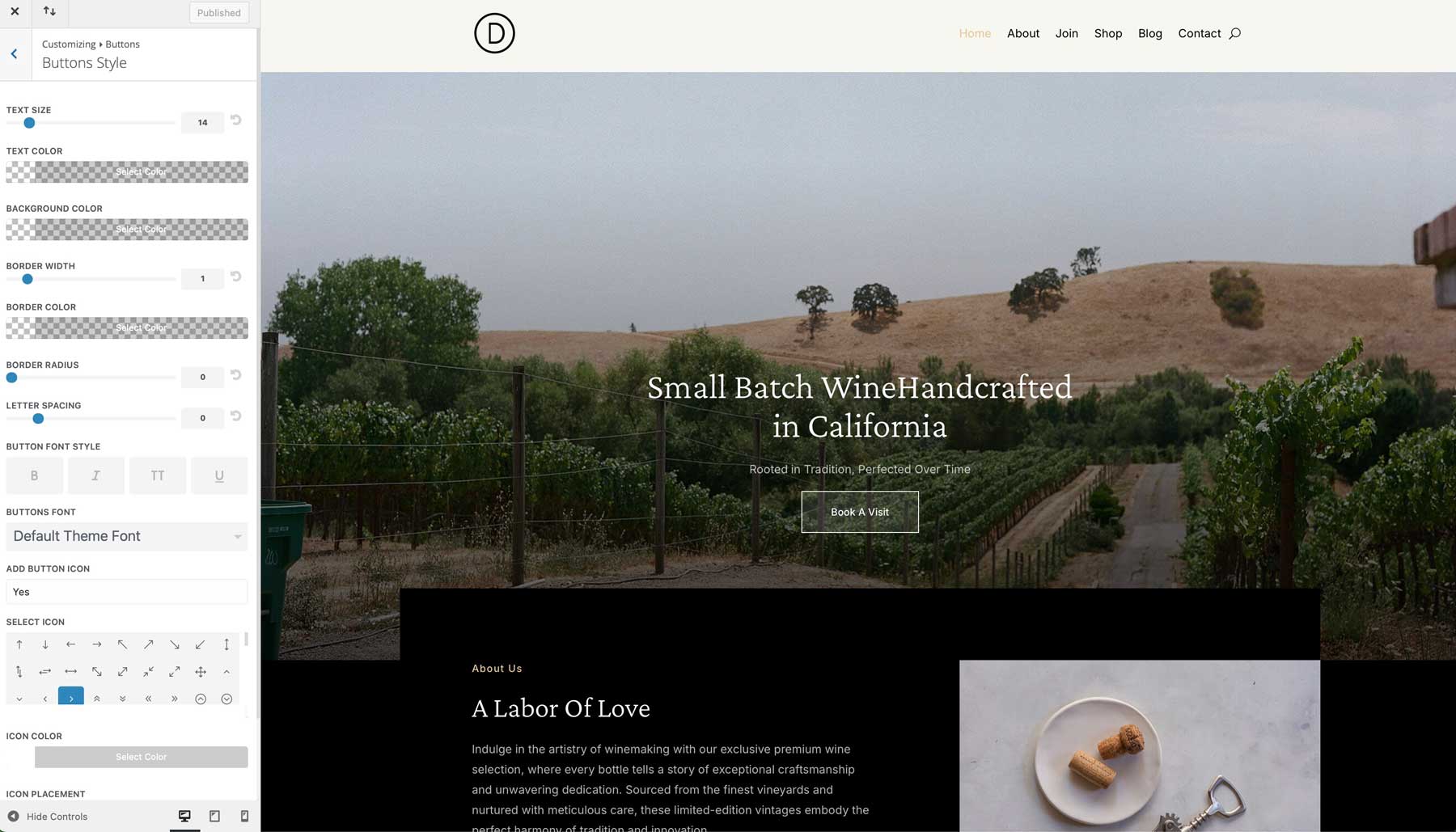 winery starter site for Divi