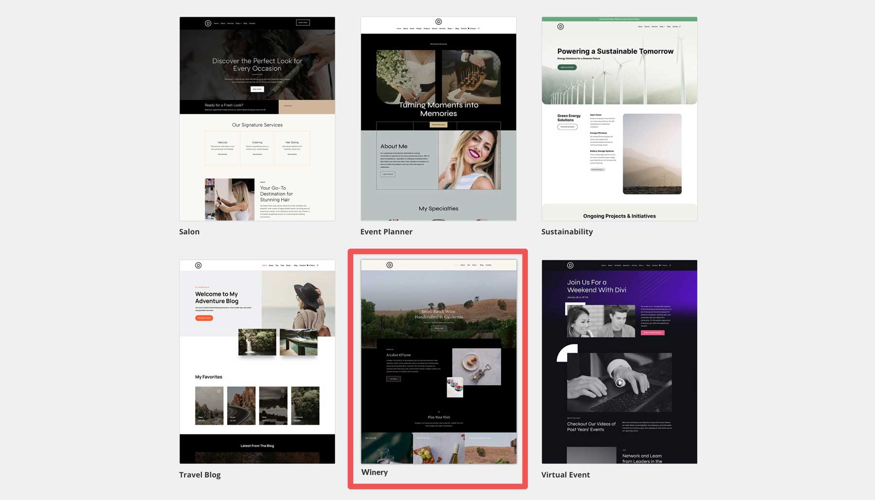winery starter site for Divi