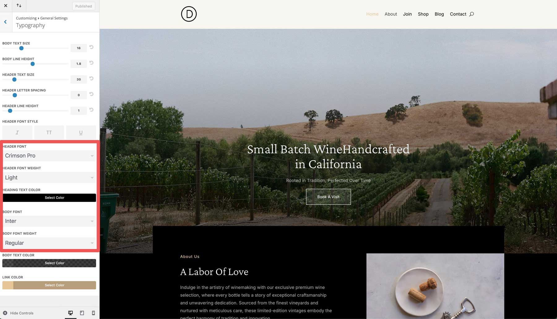 winery starter site for Divi