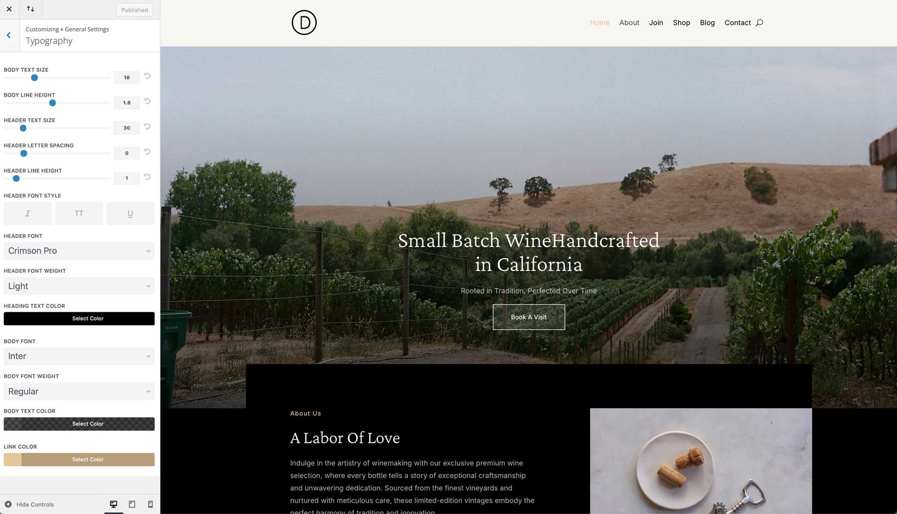 winery starter site for Divi