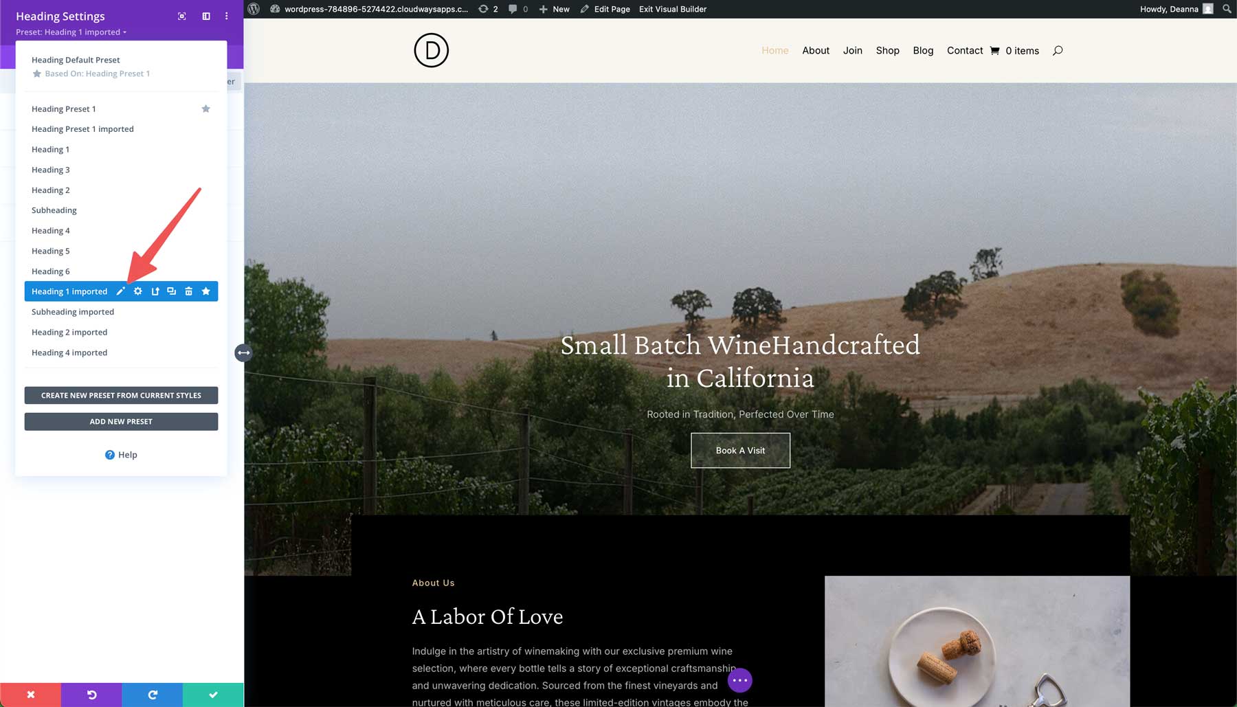 winery starter site for Divi