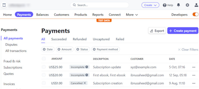 Check test payments in Stripe