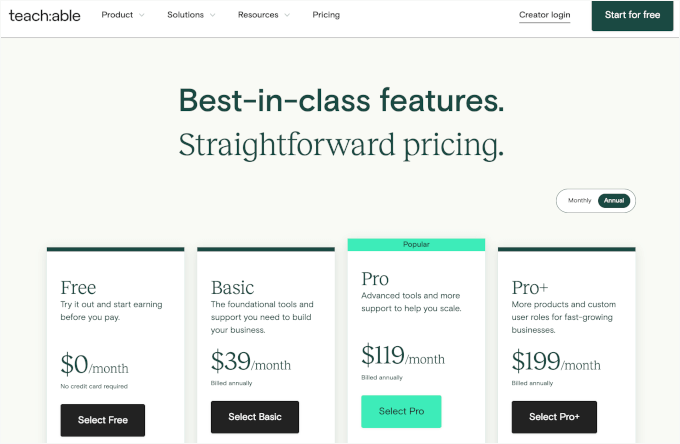 Teachable's pricing page