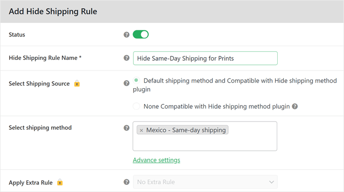 Configuring the custom rules for hiding shipping options