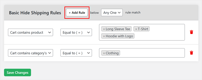 Adding multiple conditional logic rules to hide shipping options