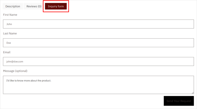 Example of an inquiry form in a WooCommerce tab