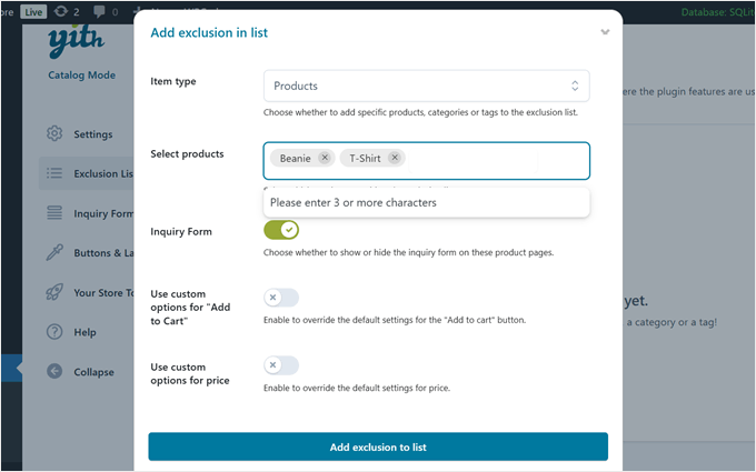 Adding items to the YITH WooCommerce Catalog Mode exclusion list