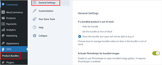 Choosing whether to hide out-of-stock product bundles in the YITH plugin